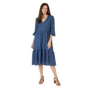 New Parker & Rowe Medium  Navy Blue Eyelet Cotton Midi Dress Lined